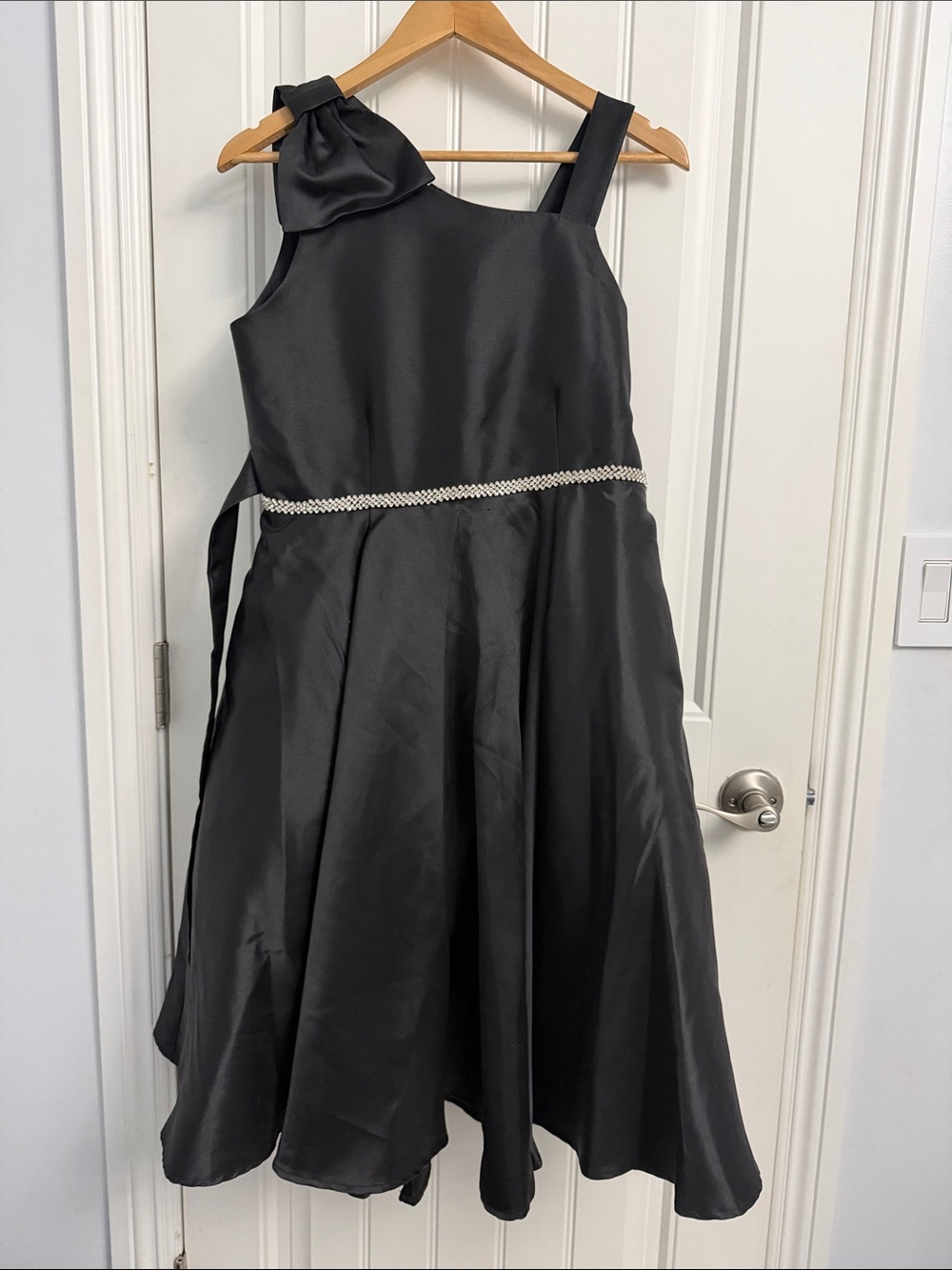 Joy KidsGirls' Black Satin One-Shoulder Formal Dress with Crystal Waist size 16